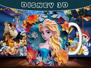 Taza sublimada con diseño 3D de Elsa de Frozen con un vibrante fondo floral de papel cortado.
