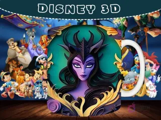 Taza sublimada con diseño 3D de Maléfica con un fondo verde azulado y detalles ornamentales.