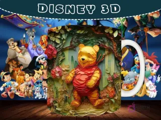 Taza sublimada con diseño 3D de Winnie the Pooh en un bosque, estilo tallado en madera.