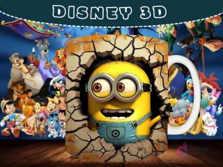 Taza sublimada con diseño 3D de un Minion saliendo de una pared agrietada.