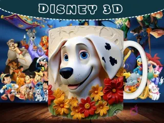 Taza sublimada con diseño 3D de un cachorro Dálmata feliz rodeado de flores coloridas.