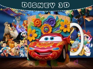 Taza sublimada con diseño 3D de Rayo McQueen de Cars, rodeado de flores ornamentadas.