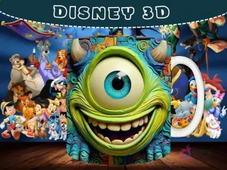 Taza sublimada con diseño 3D de Mike Wazowski de Monsters Inc. con efecto de mosaico.