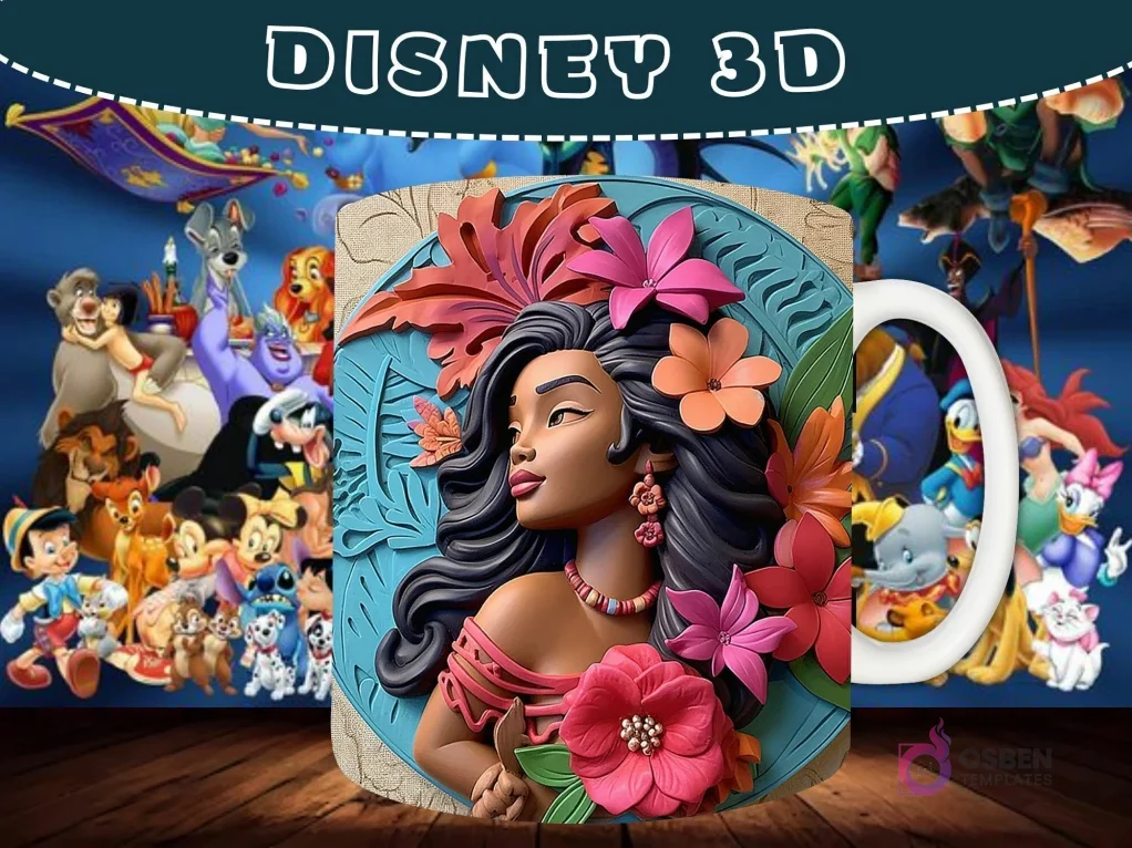Taza sublimada con diseño 3D de Moana con un fondo floral tropical y hojas.