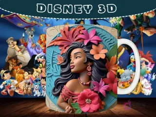 Taza sublimada con diseño 3D de Moana con un fondo floral tropical y hojas.