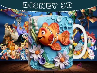 Taza sublimada con diseño 3D de Nemo de Buscando a Nemo en un vibrante arrecife marino.