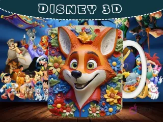 Taza sublimada con diseño 3D de Tod, el zorro de El Zorro y el Sabueso, sonriendo con flores coloridas.