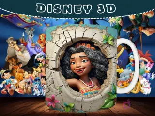 Taza sublimada con diseño 3D de Moana sonriendo, emergiendo de un agujero en una pared agrietada.