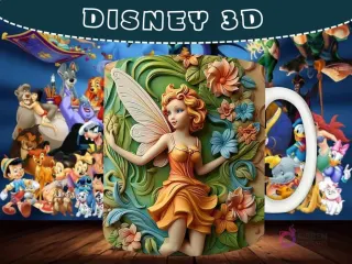 Taza sublimada con diseño 3D de Tinker Bell (Campanita) con alas, rodeada de hojas y flores.