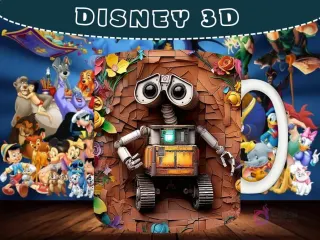 Taza sublimada con diseño 3D de WALL-E, el robot, emergiendo de una pared agrietada con texturas.