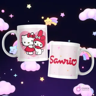 Tazas con Hello Kitty y My Melody abrazándose con un corazón rosado de fondo, y el logo Sanrio en la otra.
