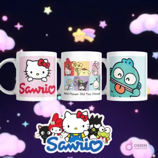 Tazas con Hello Kitty, My Melody, Kuromi, Cinnamoroll, Pompompurin y Hangyodon en diversos paneles de colores.