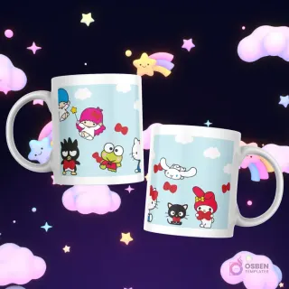 Tazas con Little Twin Stars, Badtz-Maru, Keroppi, Cinnamoroll, My Melody, y Hello Kitty con moños rojos sobre un fondo celeste con nubes.