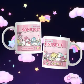 Tazas con los personajes Sanrio jugando videojuegos retro, con el texto 'Sanrioga' y 'Game Street' en un fondo rosado.