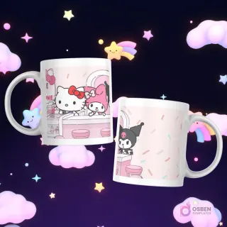 Tazas con Hello Kitty y My Melody en un mostrador de cafetería, y Kuromi en un taburete al reverso.