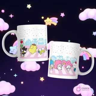 Tazas con varios personajes Sanrio, incluyendo Keroppi, Pompompurin, Hello Kitty, My Melody, Little Twin Stars, cruzando la calle en un paso de cebra.