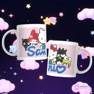 Tazas con My Melody, Hello Kitty, Badtz-Maru, Keroppi y el logo azul de Sanrio sobre un fondo rosado pastel.
