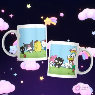 Tazas con personajes Sanrio como My Melody, Kuromi, Pompompurin, Keroppi, Cinnamoroll, Badtz-Maru, Hello Kitty en un paisaje verde con una bandera colorida.