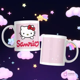 Taza blanca con el rostro de Hello Kitty y el logo 'Sanrio' en rojo, y el reverso con un patrón de estrellas pequeñas.