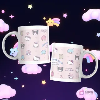 Tazas con un patrón de cabezas pequeñas de personajes Sanrio como Hello Kitty, Kuromi, Cinnamoroll, My Melody y Little Twin Stars, con el texto 'Enjoying fun days together'.