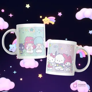 Tazas con Little Twin Stars, Badtz-Maru, Hello Kitty, My Melody, Kuromi, Cinnamoroll y Pompompurin con un fondo de estrellas y colores pastel.