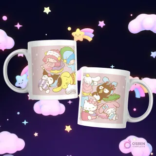 Tazas con personajes Sanrio como My Melody, Kuromi, Pompompurin, Cinnamoroll, Badtz-Maru, Hello Kitty, Keroppi y Little Twin Stars, durmiendo y despertando.