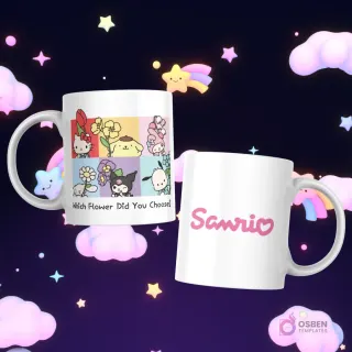 Tazas con diseño de paneles coloridos mostrando personajes Sanrio con flores y la pregunta 'Which Flower Did You Choose?', y el logo 'Sanrio' en rosado.