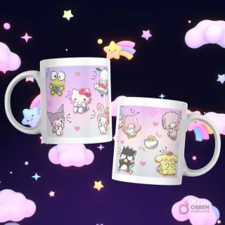 Tazas con Hello Kitty, My Melody, Keroppi, Pompompurin, Pochacco, Little Twin Stars, Kuromi y Badtz-Maru con corazones de fondo pastel.