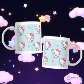 Tazas con un patrón repetido de Hello Kitty sentada en un fondo azul cielo con pequeños corazones rosados.