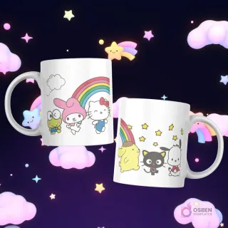 Tazas con My Melody, Hello Kitty, Keroppi, Pompompurin, Badtz-Maru y Pochacco con un arcoíris y estrellas sobre un fondo celeste.