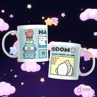 Tazas con Hangyodon y sus amigos, incluyendo un pulpo y una criatura con sombrero, con texto en japonés y español.