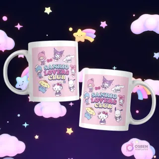 Tazas con varios personajes Sanrio, como Hello Kitty, Kuromi, Cinnamoroll, My Melody, Badtz-Maru, Pochacco, Little Twin Stars, y el texto 'Sanrio Lovers Club'.