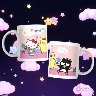 Tazas con Hello Kitty ofreciendo un regalo a Pompompurin, y Badtz-Maru celebrando con una bebida en un fondo rosado de fiesta.