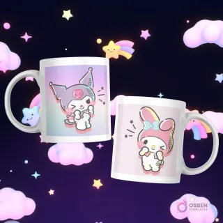 Tazas con Kuromi y My Melody en estilos pop art, mostrando efectos de cómic y líneas de acción.
