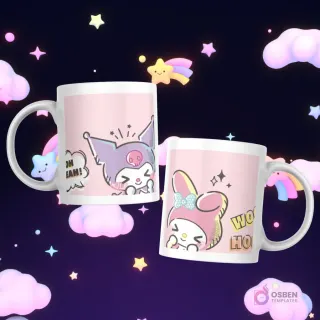 Tazas con Kuromi exclamando 'Oh Yeah!' y My Melody con un 'Woah!' en un estilo cómico sobre un fondo rosado.
