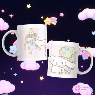 Tazas con Cinnamoroll y un pajarito pintando un cuadro de flores, y Cinnamoroll con un ramo de flores en su boca.