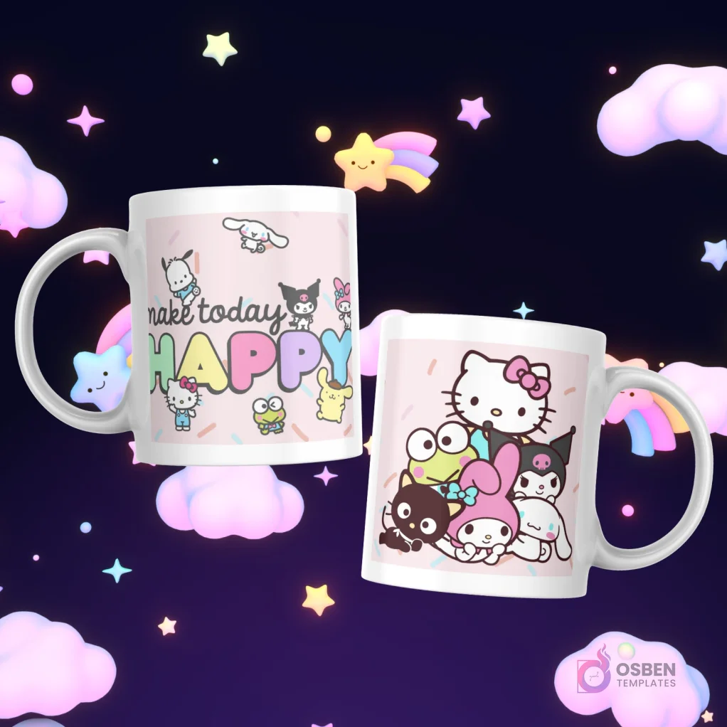 Tazas con diversos personajes Sanrio y el texto 'make today HAPPY' en colores vibrantes, y Hello Kitty, Keroppi, My Melody, Kuromi, Badtz-Maru en grupo.