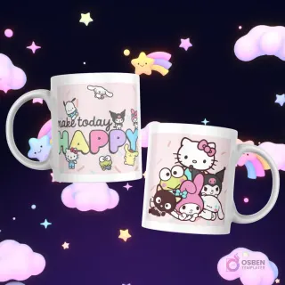 Tazas con diversos personajes Sanrio y el texto 'make today HAPPY' en colores vibrantes, y Hello Kitty, Keroppi, My Melody, Kuromi, Badtz-Maru en grupo.