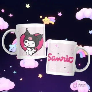 Tazas con Kuromi sentada en un corazón rosado y el logo 'Sanrio' en rojo con estrellas.