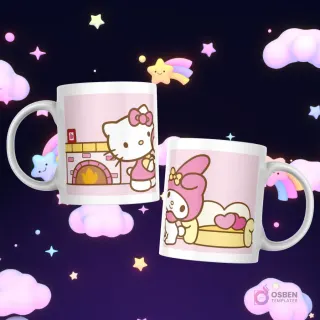 Tazas con Hello Kitty cocinando en una chimenea y My Melody relajándose en un sofá con corazones.