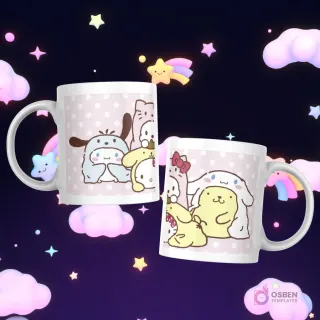 Tazas con Cinnamoroll, Pompompurin, Pochacco y otros cachorros de Sanrio en poses adorables sobre un fondo de lunares rosados.