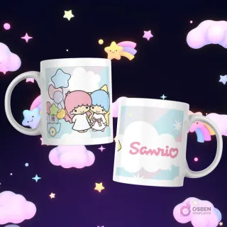 Tazas con Little Twin Stars y globos coloridos, y el logo 'Sanrio' en un fondo pastel con nubes.