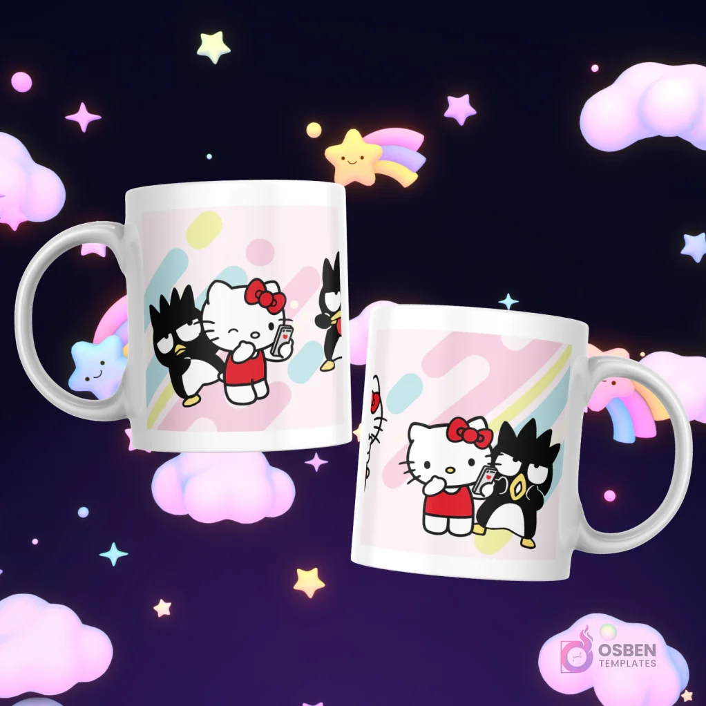 Tazas con Hello Kitty y Badtz-Maru tomando selfies y divirtiéndose con fondos de rayas pastel.