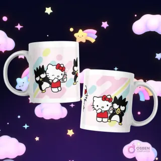Tazas con Hello Kitty y Badtz-Maru tomando selfies y divirtiéndose con fondos de rayas pastel.
