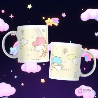 Tazas con Little Twin Stars volando y flotando entre nubes y estrellas en un fondo amarillo pastel.