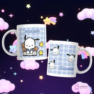 Tazas con Pochacco y pequeños pollitos, y un patrón repetido de Pochacco en un fondo de cuadros azules con el logo 'Sanrio'.