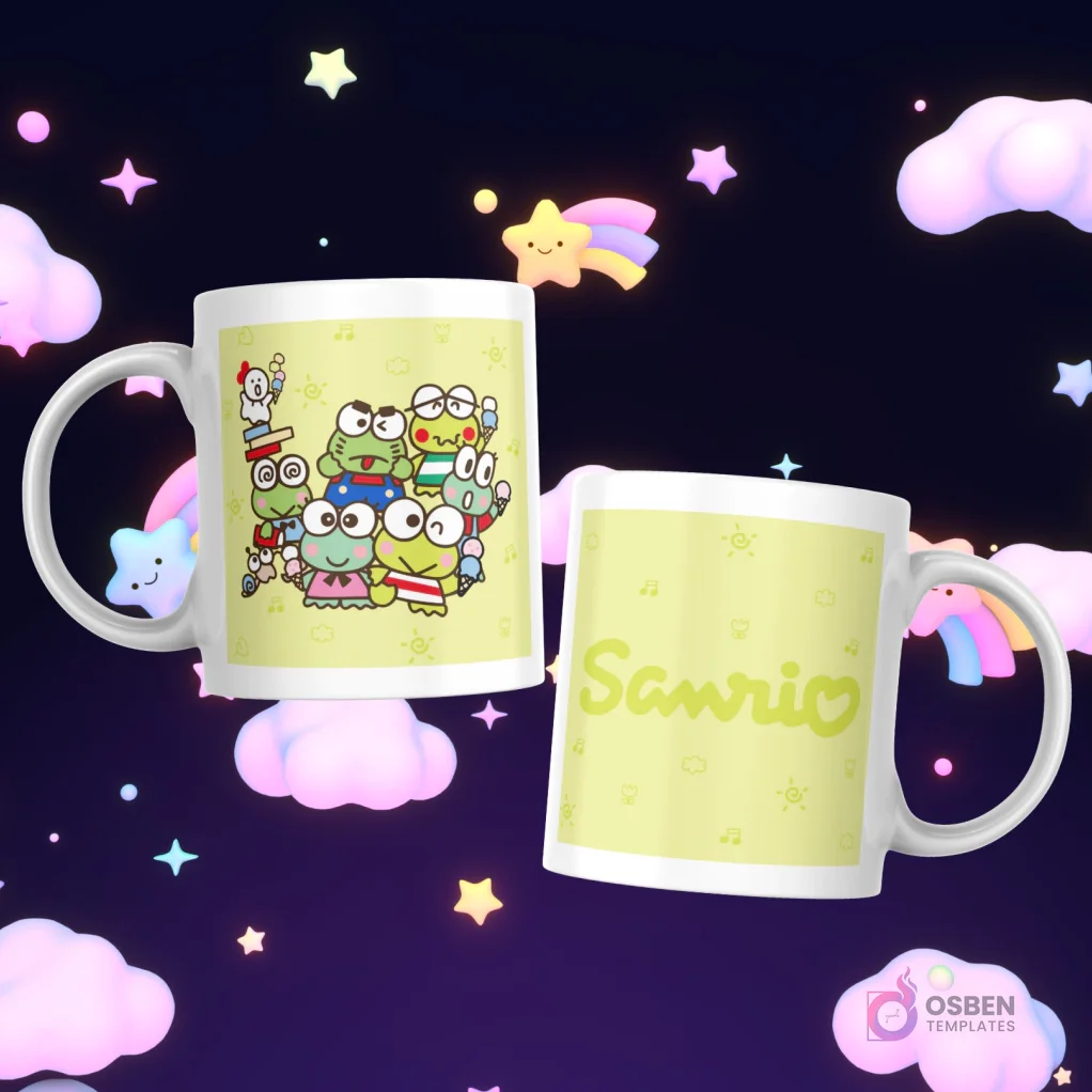 Tazas con Keroppi y sus amigos apilados sobre libros, y el logo 'Sanrio' en amarillo con notas musicales.
