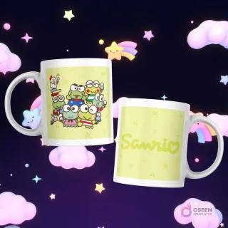 Tazas con Keroppi y sus amigos apilados sobre libros, y el logo 'Sanrio' en amarillo con notas musicales.