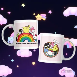 Tazas con personajes Sanrio como Hello Kitty, Pompompurin, My Melody, Badtz-Maru, Cinnamoroll, Kuromi, Keroppi, Little Twin Stars, sobre un arcoíris con el texto 'Kind people are my kinda people'.