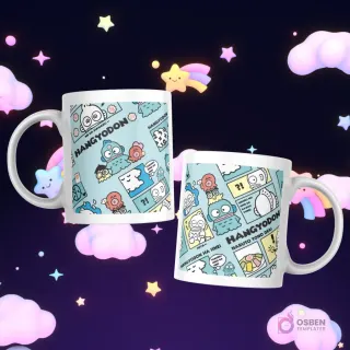 Tazas con diferentes expresiones y cómics de Hangyodon en un fondo azul claro con patrones y bocadillos de texto.